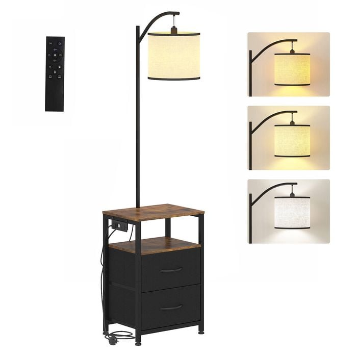 Advwin LED Side Table w/ Floor Lamp & 2 Drawers Nightstand Sofa End Table w/ Charging Station