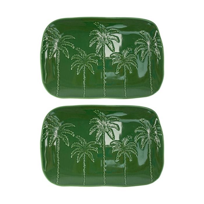 2PK Annabel Trends Coconut Bay Rectangle Green & White Palm Tree Plate 7.5x8cm
