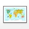 Map Of the World with Cartoon Animals  Print 100% Australian Made 120x90cm  (Poster)