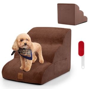 Costway 3-steps Dog Ramp Foam Pet Stair W/pet Hair Remover & Pocket Brown