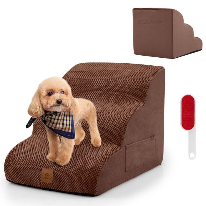 Costway 3-steps Dog Ramp Foam Pet Stair W/pet Hair Remover & Pocket Brown