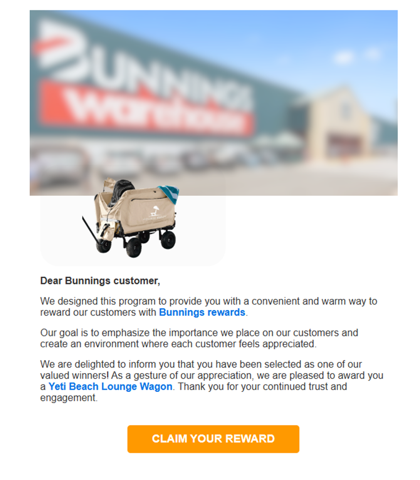 Screenshot of a promotional email styled as a Bunnings Rewards message featuring a “Congratulations!” headline, text claiming the recipient has won a Yeti Beach Lounge Wagon, and a prominent orange “Claim Your Reward” button.