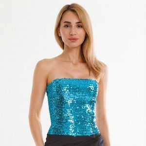 Wos Sequin Bandeau Crop Top Sparkling Sparkly Costume Tube Light Blue