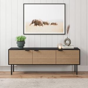 Black Wooden TV Unit Entertainment Cabinet with Slatted Doors (140cm)