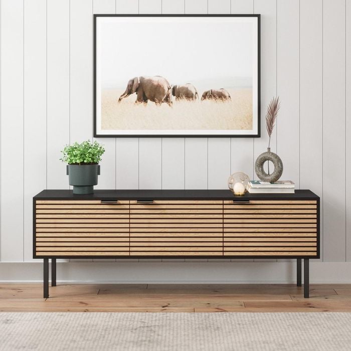 Black Wooden TV Unit Entertainment Cabinet with Slatted Doors (140cm)
