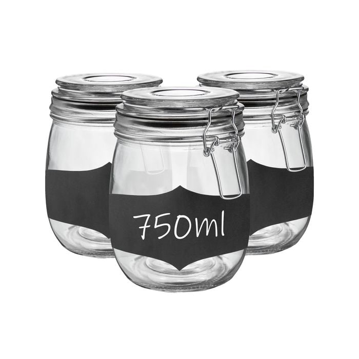 Argon Tableware Glass Storage Jars With Airtight Clip Lid And Chalkboard Stickers - 750ml Set - Pack Of 3