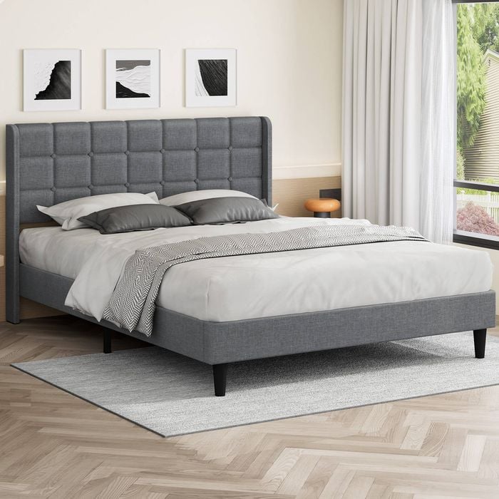 Alfordson Bed Frame Double Size Upholstered Wingback Base Wood Fabric Grey Sarah