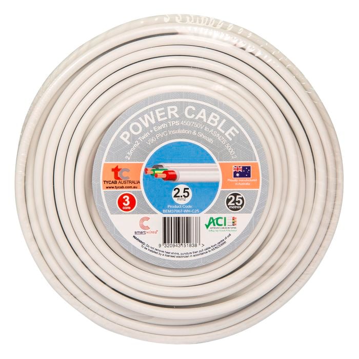 Tycab Cables 2.5mm² x 25m White TPS 2 Core And Earth Cable