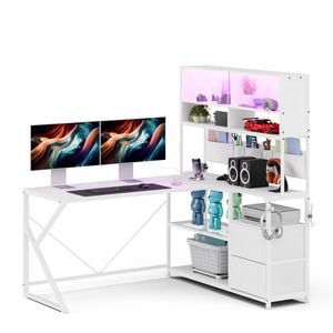 Ufurniture 155cm LED L shape Gaming Desk w/ Power Outlet Reversible Corner Computer Desk w/ Bookshelf & Drawer