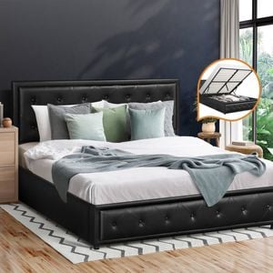 Oikiture Bed Frame Queen Size Gas Lift Black ENZO