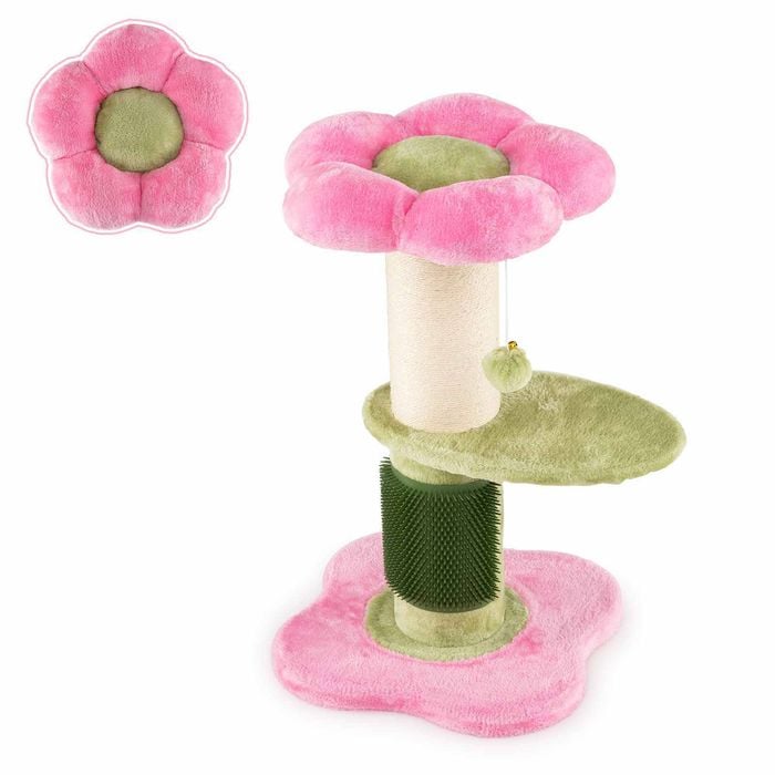 Costway Thick Sisal Scratching Post(dia=13cm) Scratcher Plush Flower Cat Tree Pink
