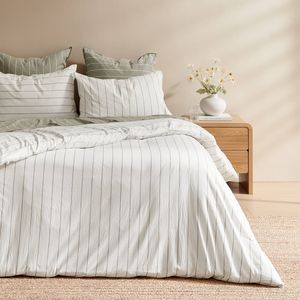 Dreamaker Rumi Washed Cotton Reversible Quilt Cover Set White with Olive Stripe Double Bed