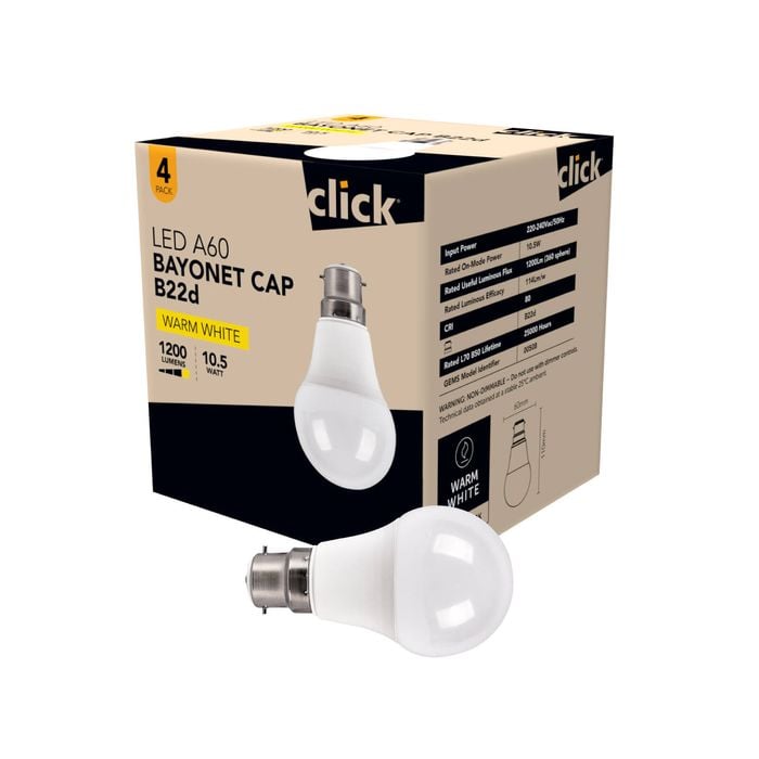Click A60 BC LED 1250lm Warm White 10.5W Globe - 4 Pack