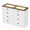Ufurniture Chest of Drawers with Glass Top & 8 Drawers, Farmhouse Dresser with LED Lights & Charging Station, White
