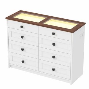 Ufurniture Chest of Drawers with Glass Top & 8 Drawers, Farmhouse Dresser with LED Lights & Charging Station, White