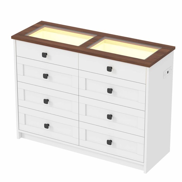 Ufurniture Chest of Drawers with Glass Top & 8 Drawers, Farmhouse Dresser with LED Lights & Charging Station, White
