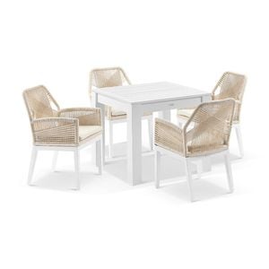 Santorini Outdoor 4 Seater Aluminium Dining Table White With Hugo Chairs & Cream Rope/cream Cushions