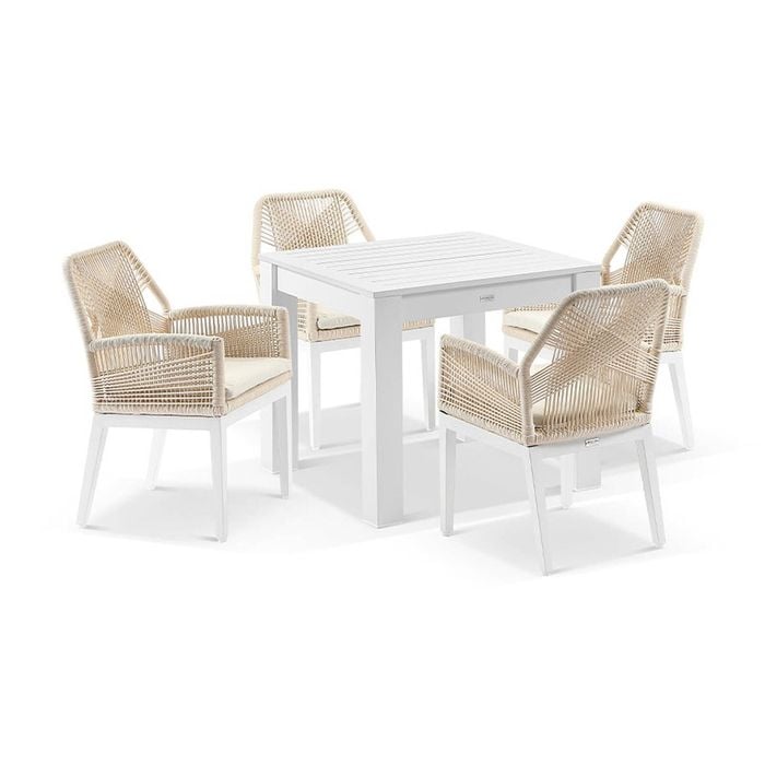 Santorini Outdoor 4 Seater Aluminium Dining Table White With Hugo Chairs & Cream Rope/cream Cushions