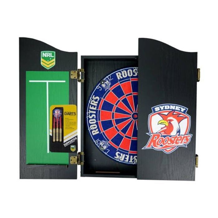 NRL Dartboard and Cabinet Set Sydney Roosters Team Design Black Finish