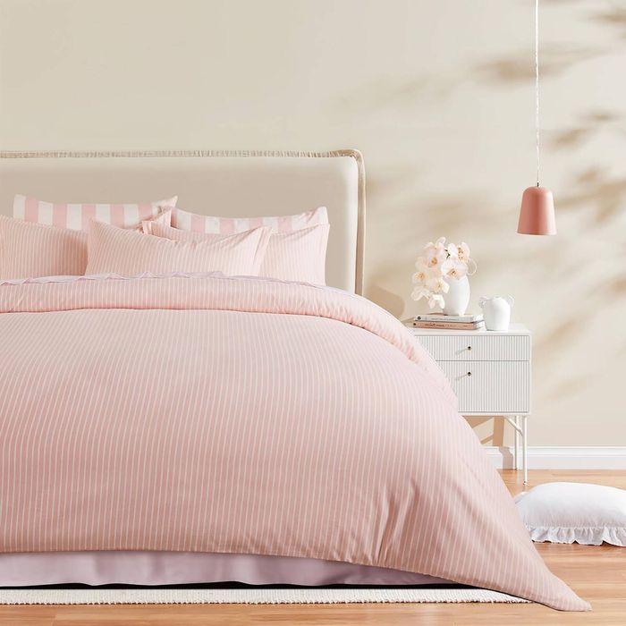 CleverPolly Yarn-Dyed Microfibre Stripe Quilt Cover Set - Light Pink, King