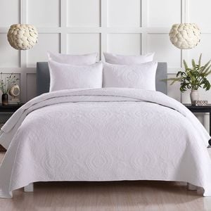 Quilted Queen/King Size Cotton Coverlet Bedspread Set Damask White
