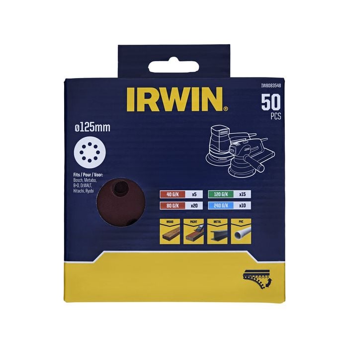 IRWIN 125mm 8H Quick Fit Mixed Random Orbital Sanding Discs - 50 Pack