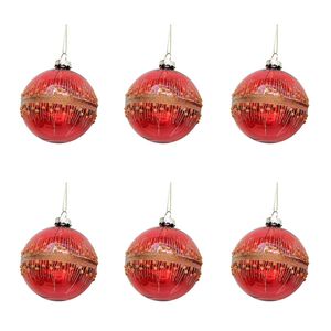 6PK Urban Elegant Gold Spots/Stripes Bauble Hanging Decoration 8cm Red Assorted