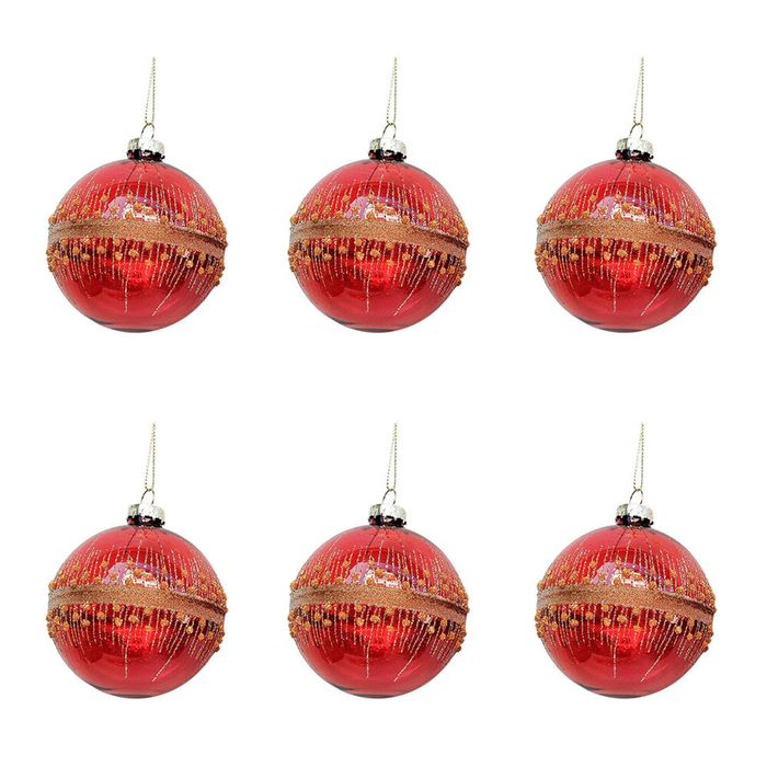 6PK Urban Elegant Gold Spots/Stripes Bauble Hanging Decoration 8cm Red Assorted