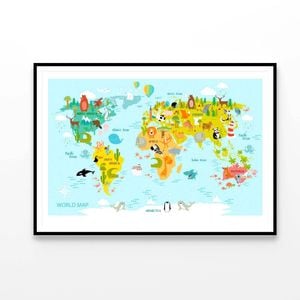 Map Of the World with Cartoon Animals  Print 100% Australian Made 90x60cm  (Poster)