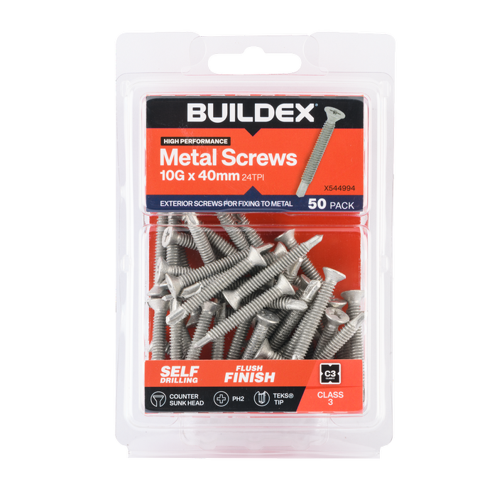 Buildex 10G x 40mm Class 3 Sheet Metal Screws (Countersunk Head) - 50 Pack