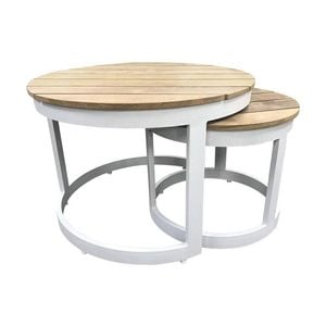 Balmoral Round Industrial Aluminium Teak Top Coffee Table Set White