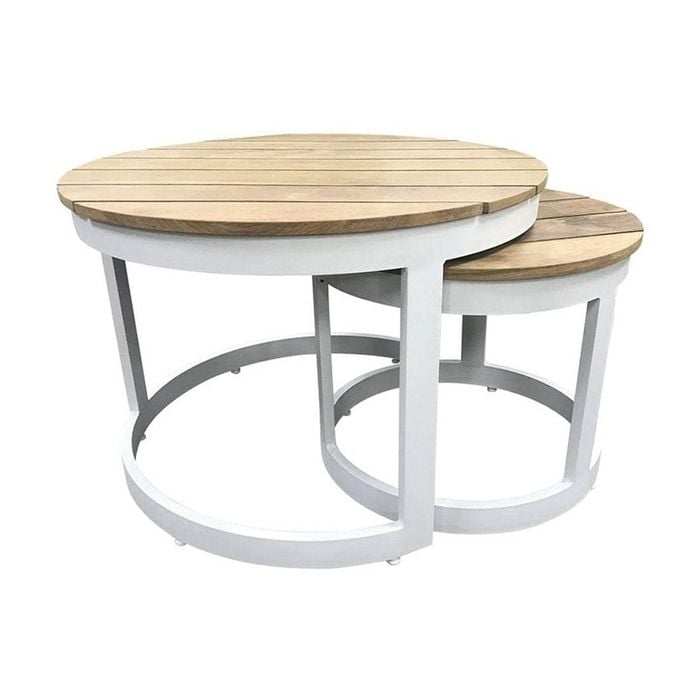 Balmoral Round Industrial Aluminium Teak Top Coffee Table Set White