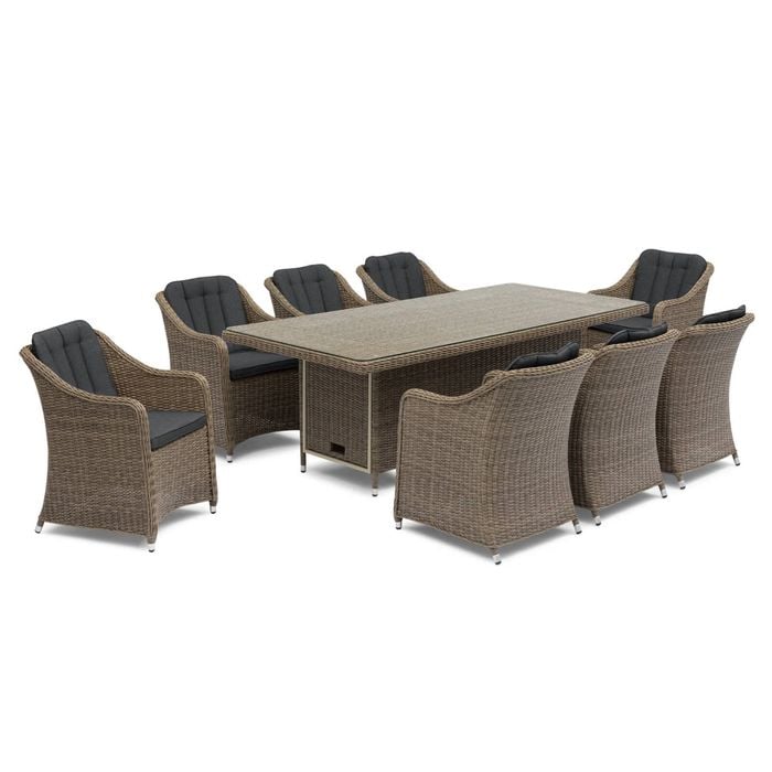 FurnitureOkay Liverpool 9-Piece Wicker Outdoor Dining Setting (Rectangle) - Charcoal Cushion