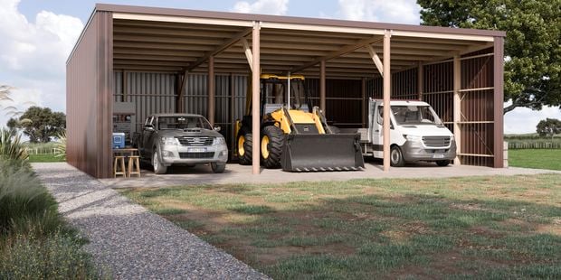 <p>Large brown open shed with vehicles and tractor.</p>