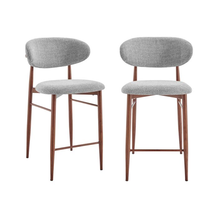 Design Square Set Of 2 Wirrin Fabric Cushioned Kitchen Counter Bar Stools Wooden Frame Grey