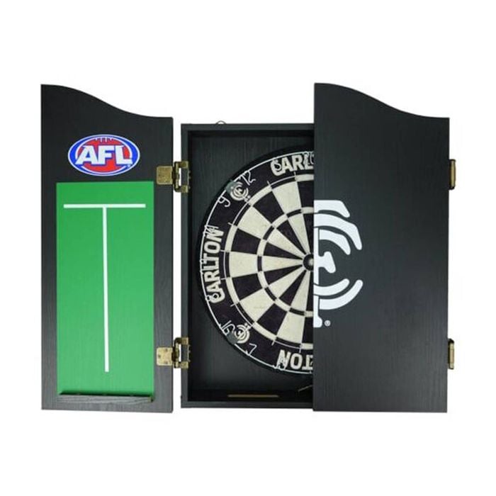 AFL Dartboard and Cabinet Set Carlton Blues Team Design Black Finish