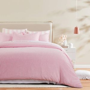 CleverPolly Yarn-Dyed Microfibre Stripe Quilt Cover Set - Pink, Queen