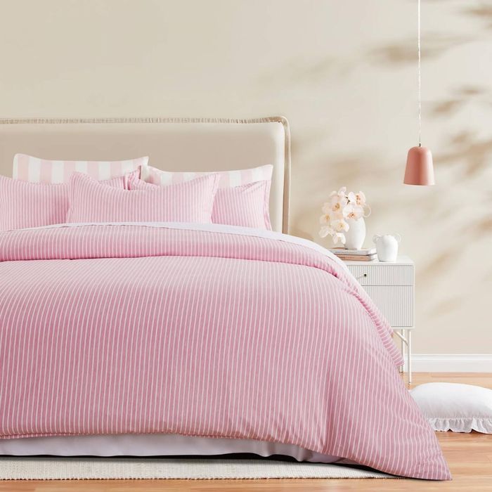 CleverPolly Yarn-Dyed Microfibre Stripe Quilt Cover Set - Pink, Queen