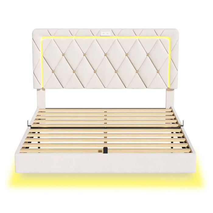 Ufurniture Led Floating Bed Frame With Charging And Button-tufted Double Beige