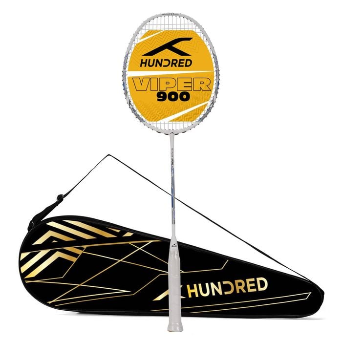 HUNDRED Viper 900 Carbon Fibre Strung Badminton Racket with Full Racket Cover (White/Blue) | For Intermediate Players