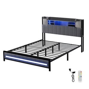 Levede Double Size Bed Frame Fabric with LED USB and Storage Bedhead Grey