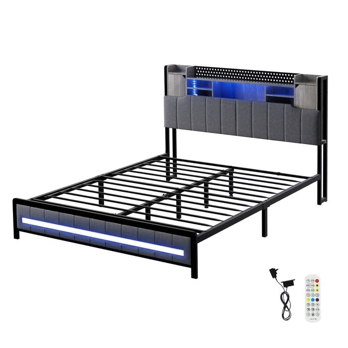 Levede Double Size Bed Frame Fabric with LED USB and Storage Bedhead Grey