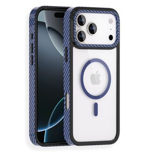 For Apple iPhone 18 Pro /17 Pro Kevlar Texture Carbon Fiber Magnetic Back Case – Shockproof Clear Back Cover (Blue)