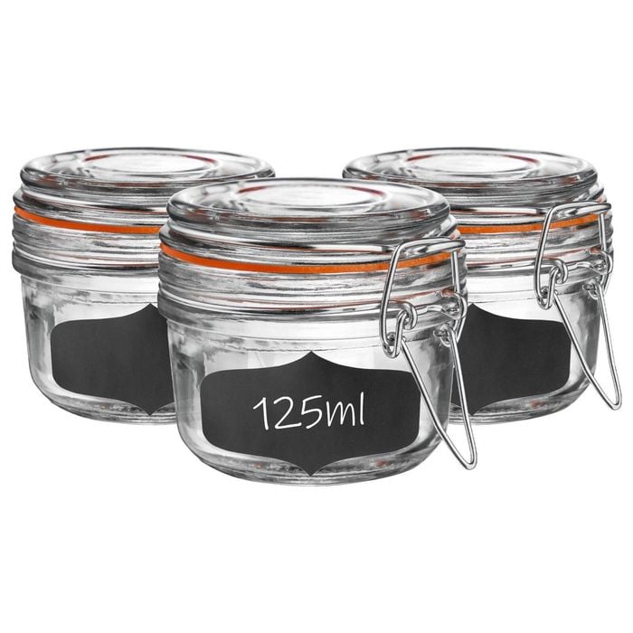 Argon Tableware 6x Glass Storage Jar & Labels Set - 125ml/4.2oz 4 Colour Seals Airtight Kitchen Storage Container Preserving Jar