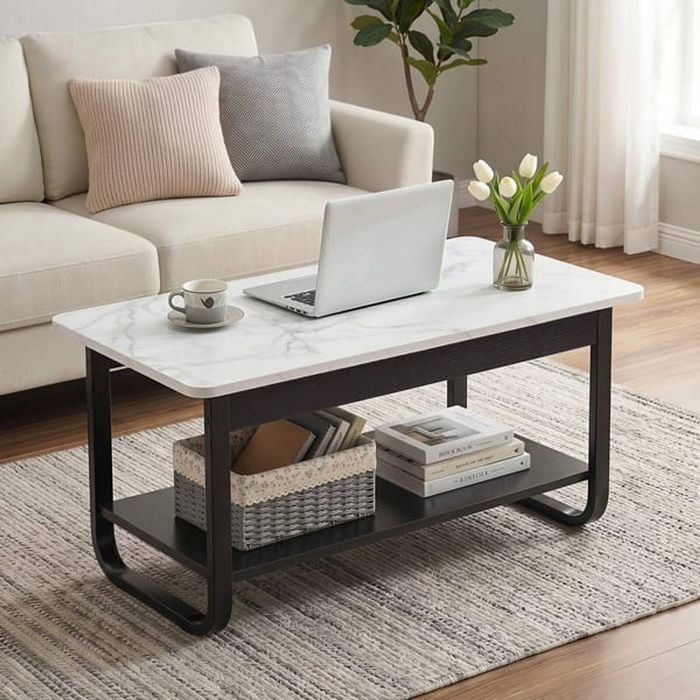 Homfurn 2-tier Coffee Table – 80cm Marble-look Laminate Top, Lower Shelf, Rounded Corners, Black & White