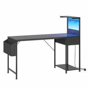 Advwin Gaming Desk with LED Lights & Power Outlets Reversible Storage Shelf 120cm Computer Desk with Fabric Drawer