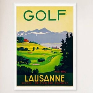 Galrie Lausanne Vintage Golf Poster - Stunning Swiss Landscape Art, White Frame, A2 42 x 60cm (16 x 24inch)