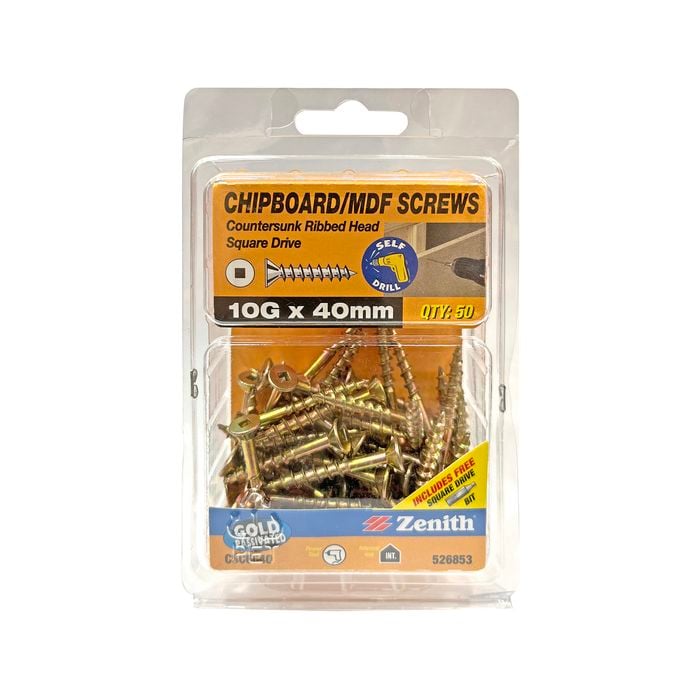 Zenith 10G x 40mm Gold Passivated Square Drive Chipboard Screw - 50 Pack