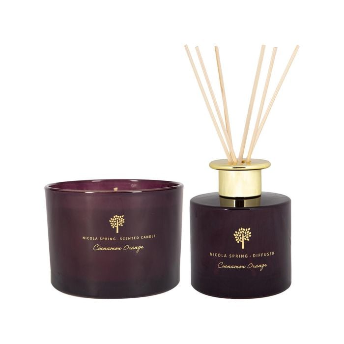 Scented Candle & Reed Diffuser Set - 350g - Cinnamon & Orange - Warm Spiced Festive Scent Double Wick