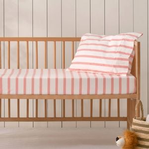 Dreamaker Baby Bask Washed Cotton Yarn Dyed Stripe Fitted Sheet Set Coral Large Cot